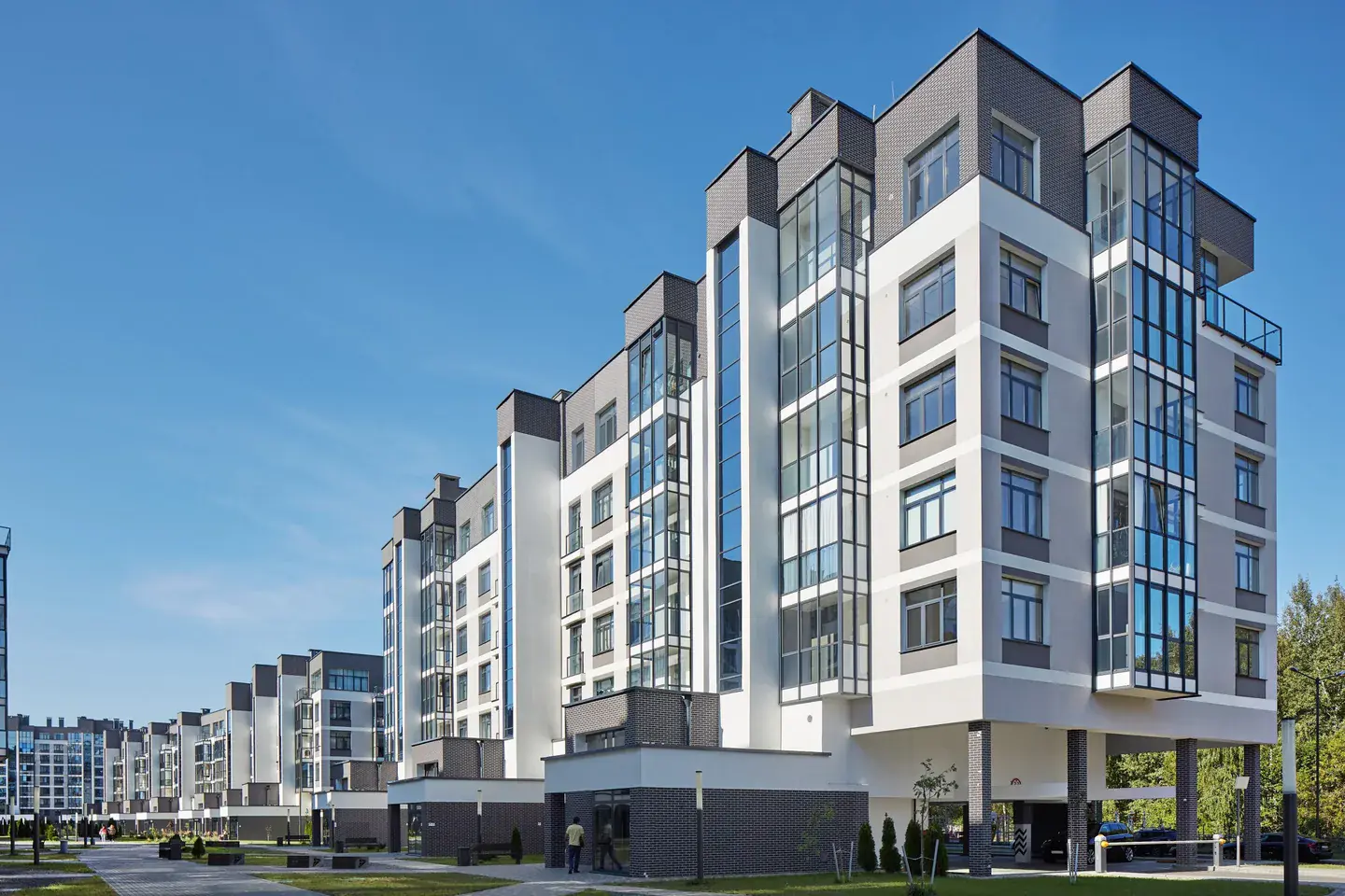 Modern residential apartment buildings on a clear day