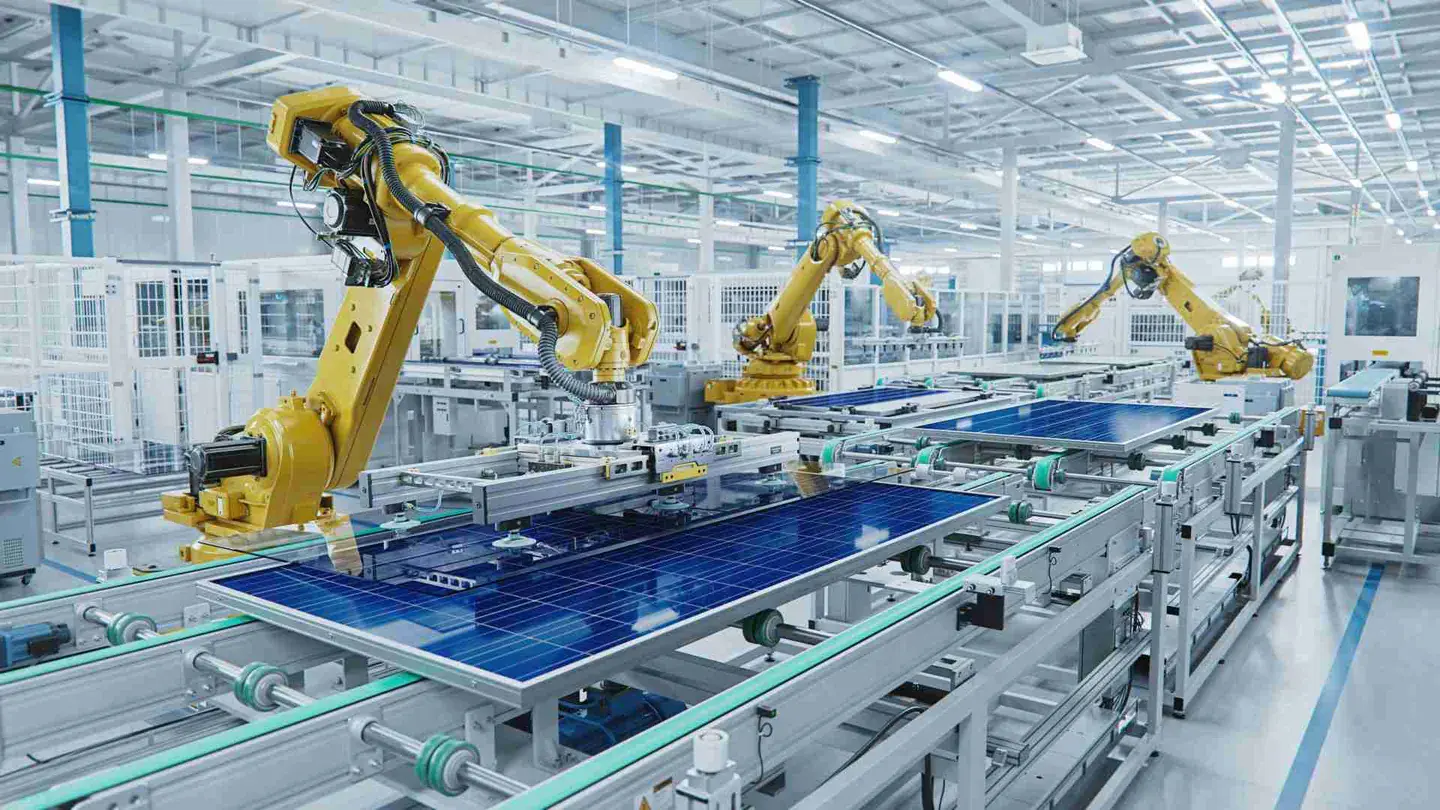 Robotic arms assembling panels on an automated production line