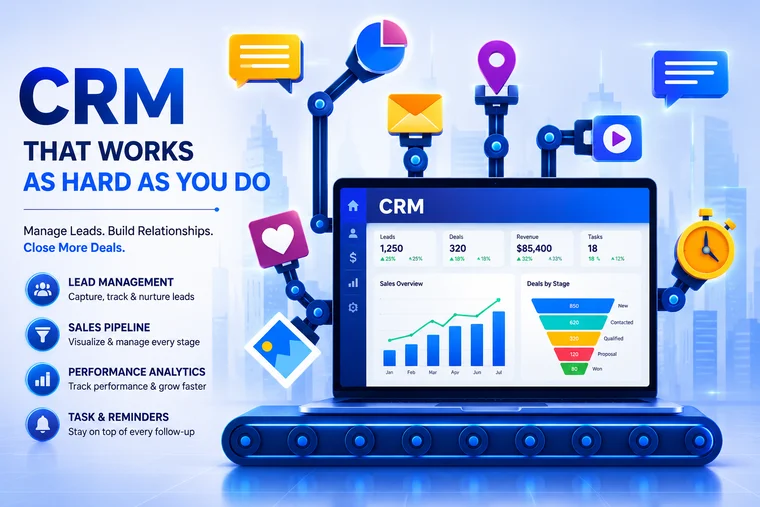Concept illustration — CRM dashboard with automated lead and pipeline workflows