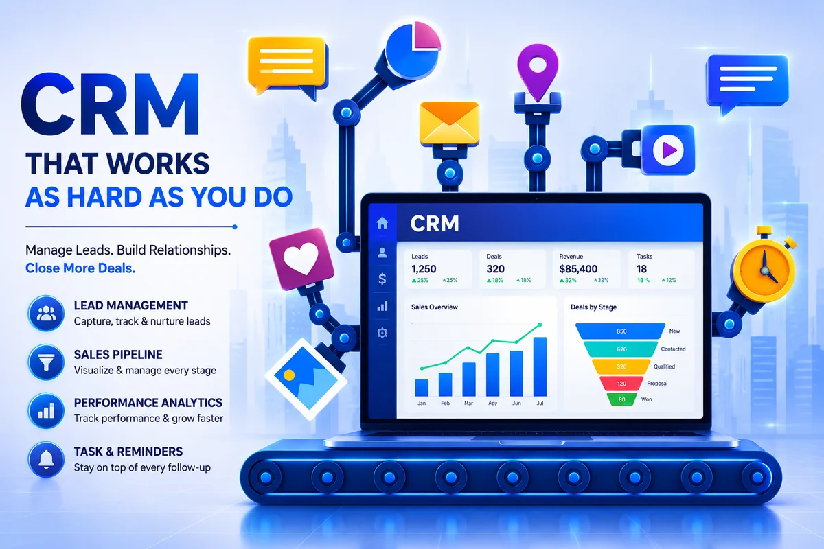 Concept illustration — CRM dashboard with automated lead and pipeline workflows