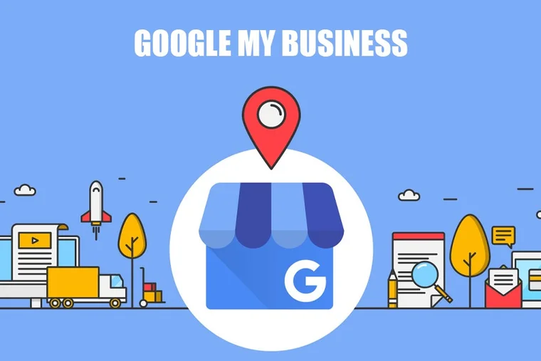 Concept illustration — Google Business Profile storefront icon with a map pin
