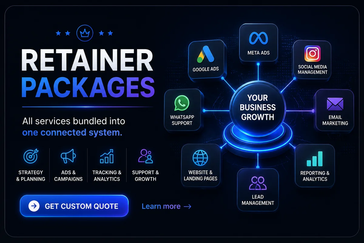 Concept illustration — connected marketing services orbiting a central business growth hub