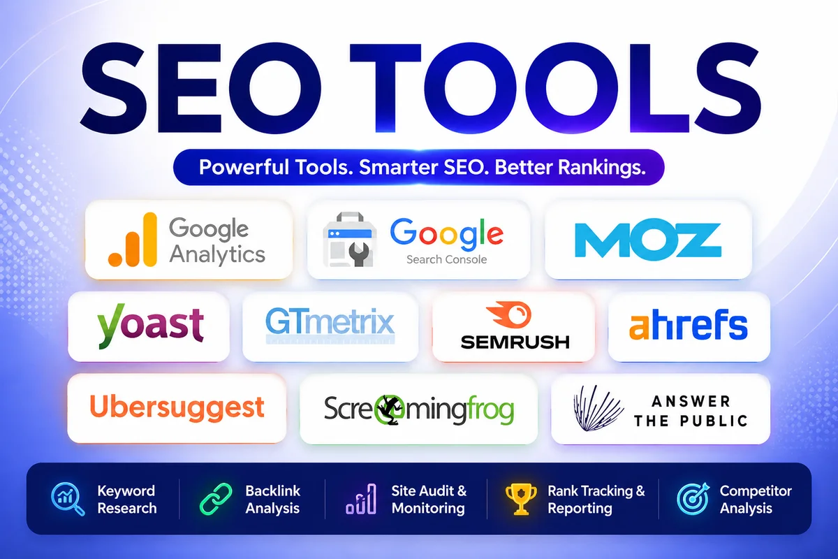 Concept illustration — grid of popular SEO and analytics tool logos