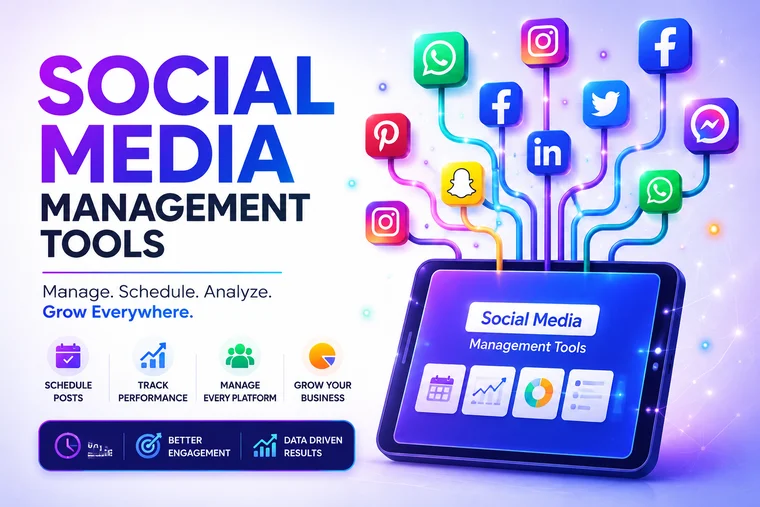 Concept illustration — social media management dashboard connected to platform icons
